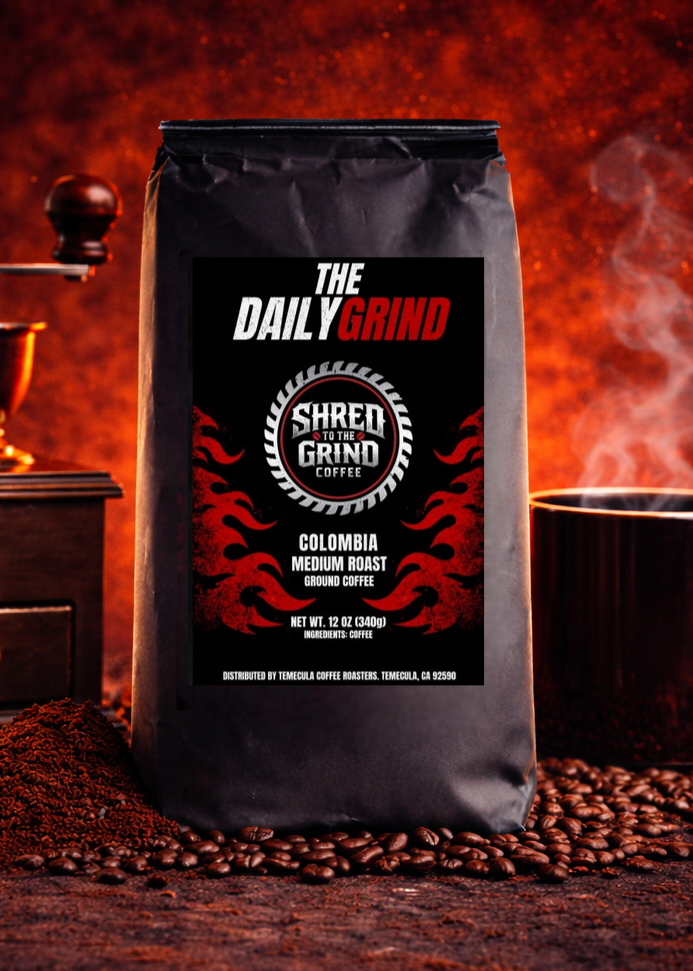 Coffee bag labeled 'The Daily Grind' with coffee beans and a grinder in the background.