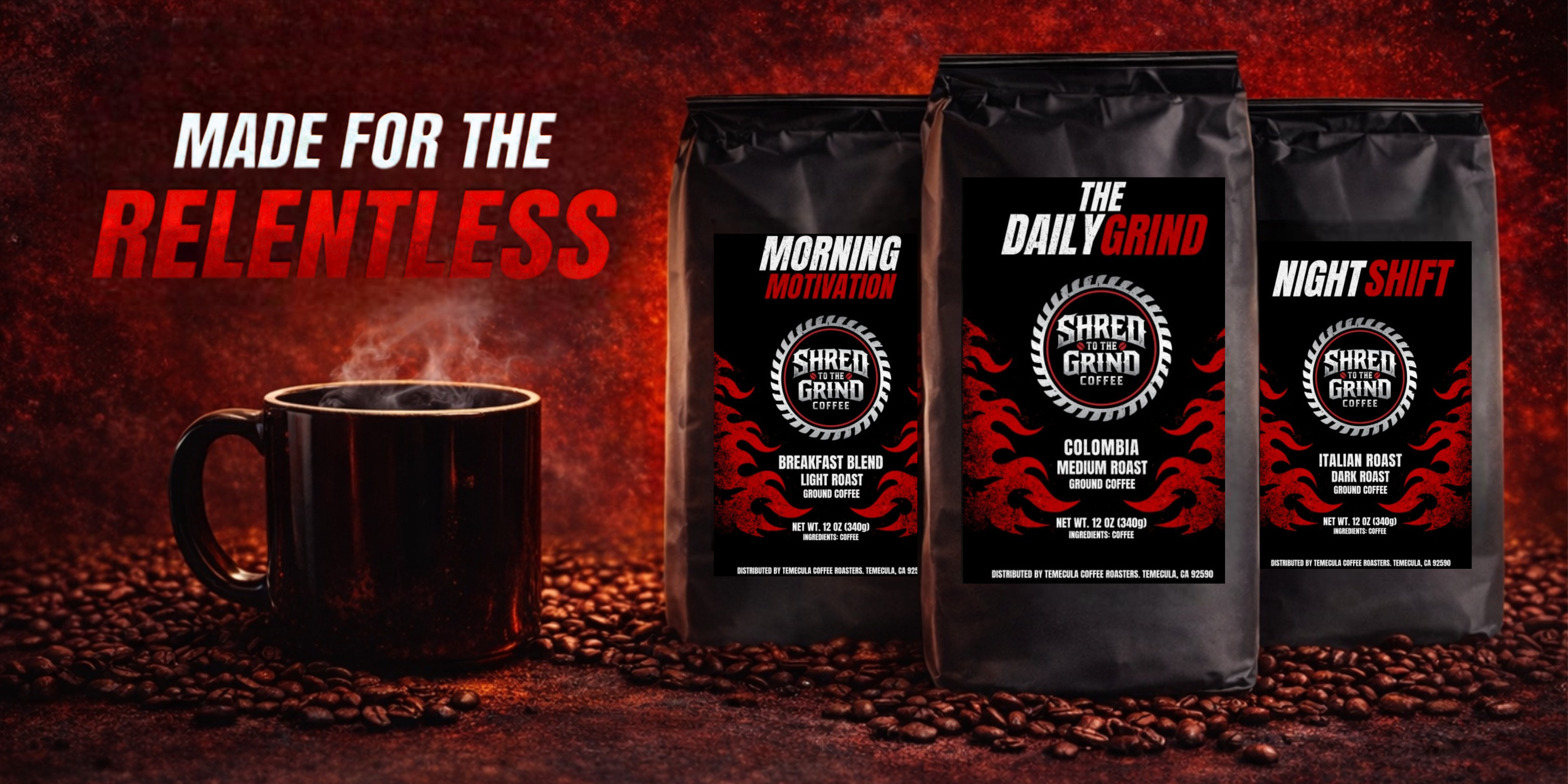 Three coffee bags labeled 'Morning Motivation', 'The Daily Grind', and 'Night Shift' with a black mug on a red background.